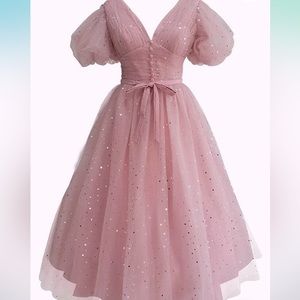 Medium Length Pink Prom Gown with Corset Lacing and Star Sequins